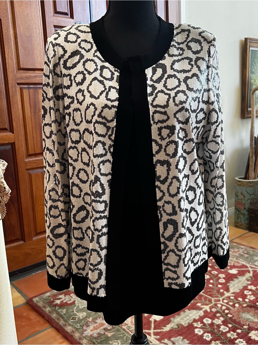 Misook Black and White Leopard Print Open Cardigan